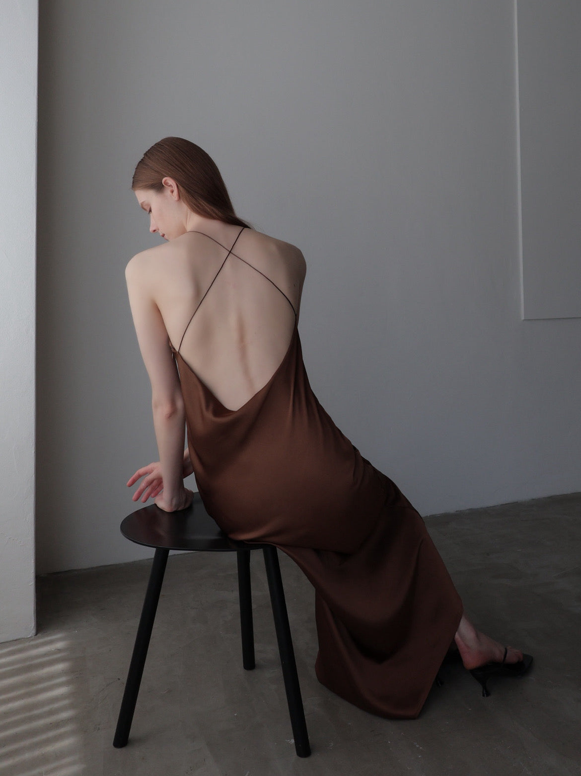 satin halter open back dress
