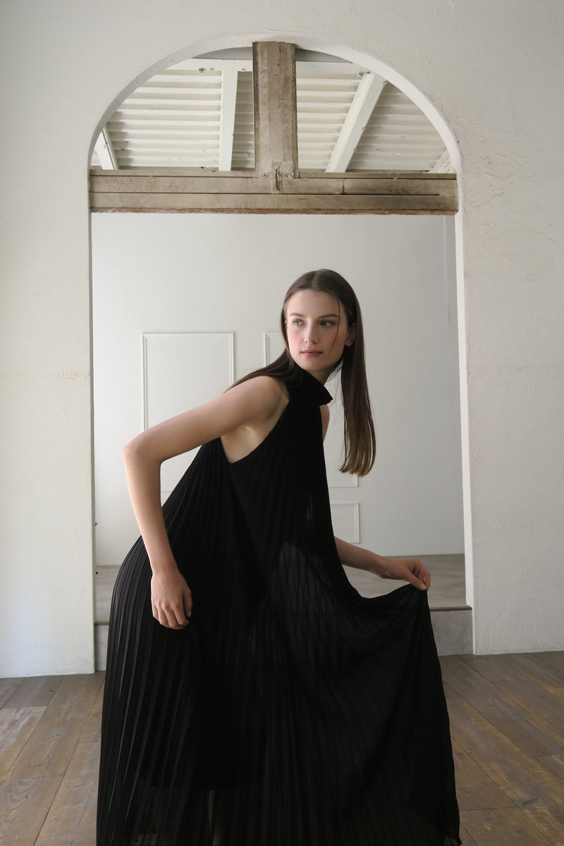 pleated halter maxi dress