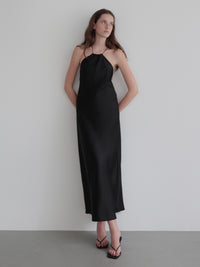 satin halter open back dress