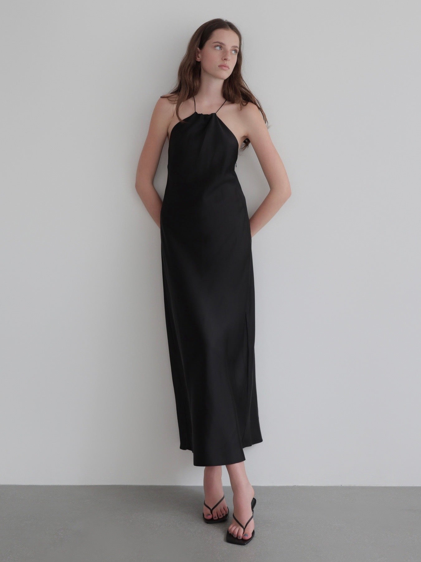 satin halter open back dress