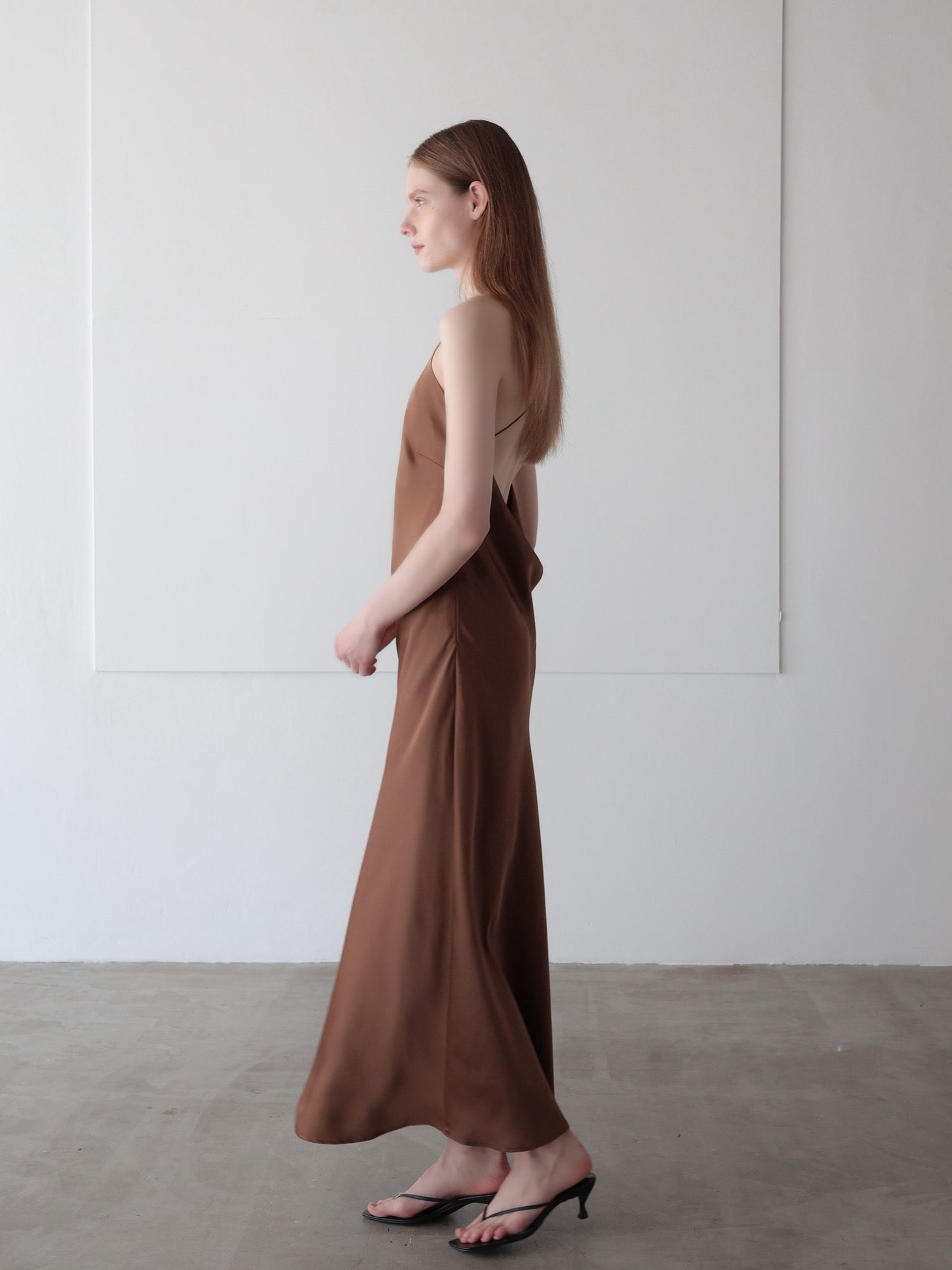satin halter open back dress