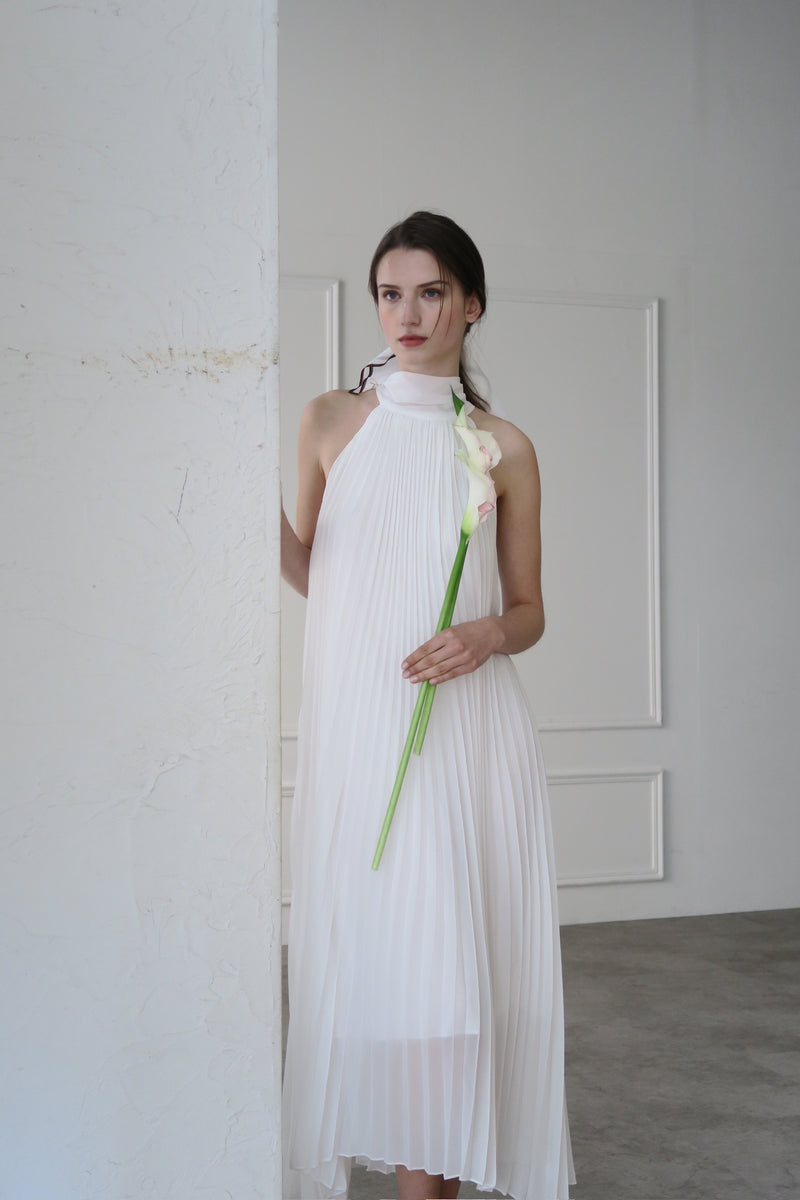 pleated halter maxi dress