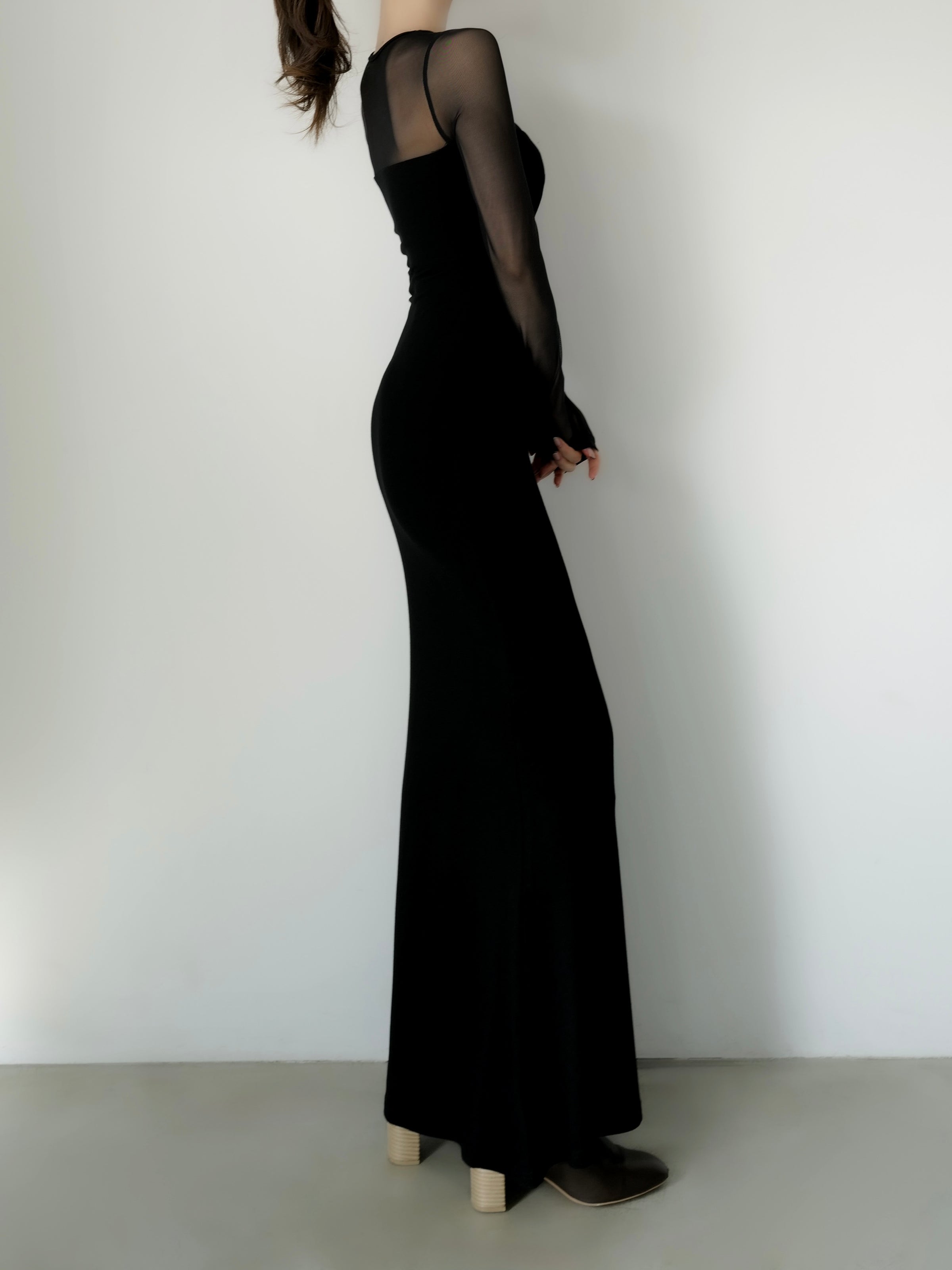 soft sheer neck maxi dress