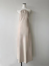 satin halter open back dress