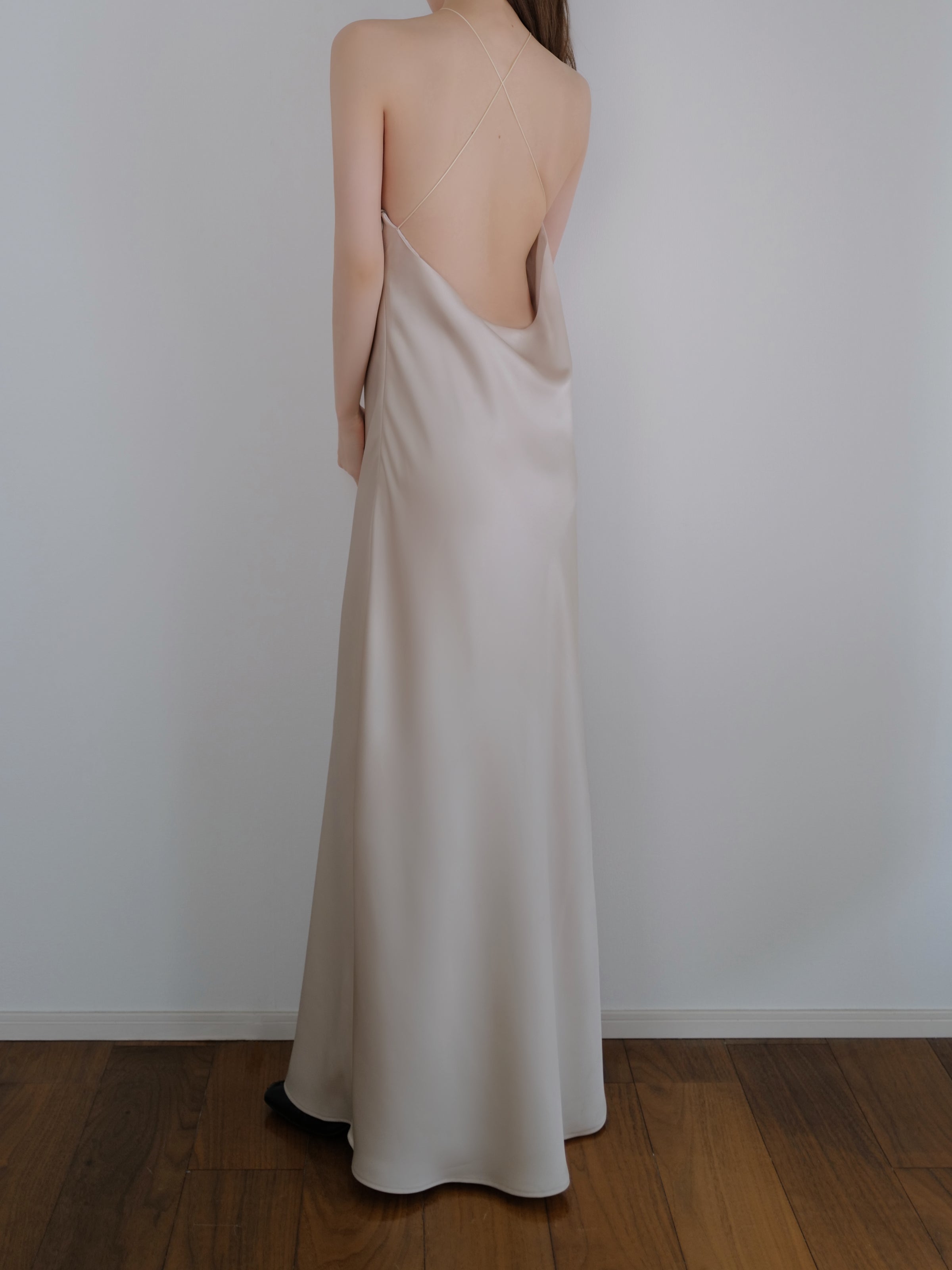 satin halter open back dress