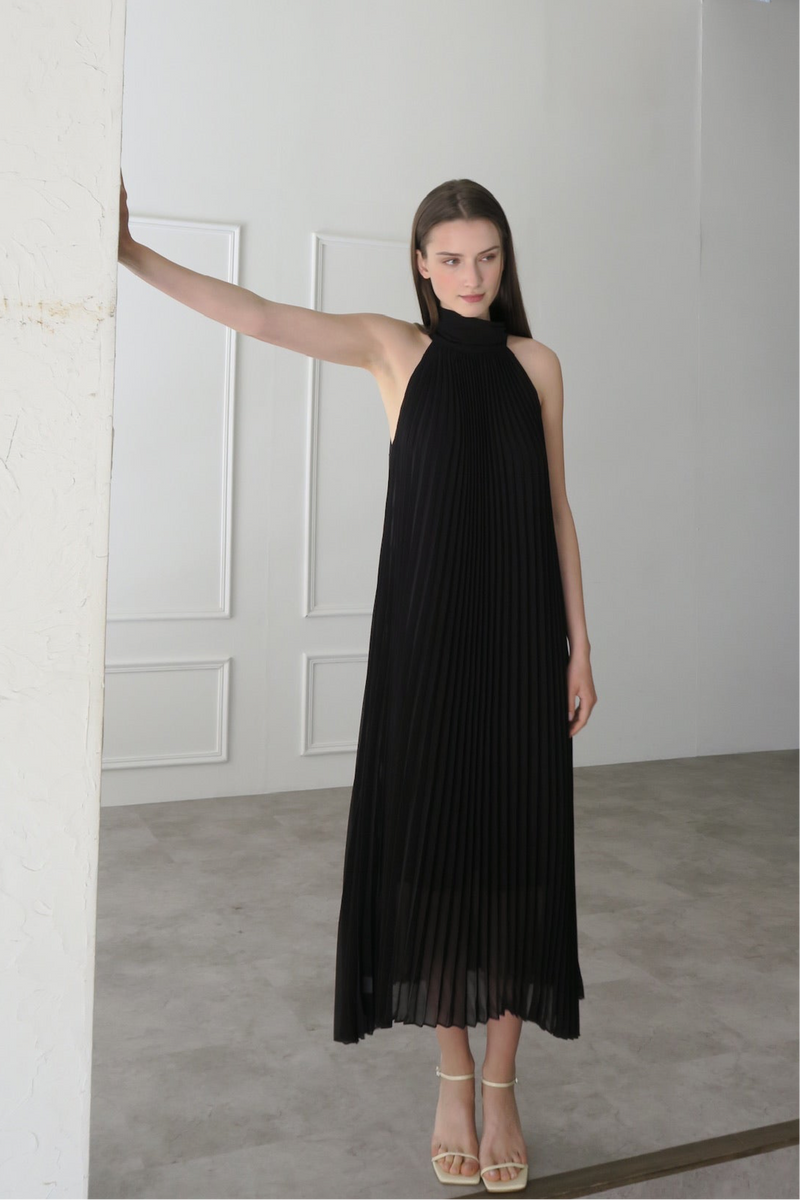 pleated halter maxi dress