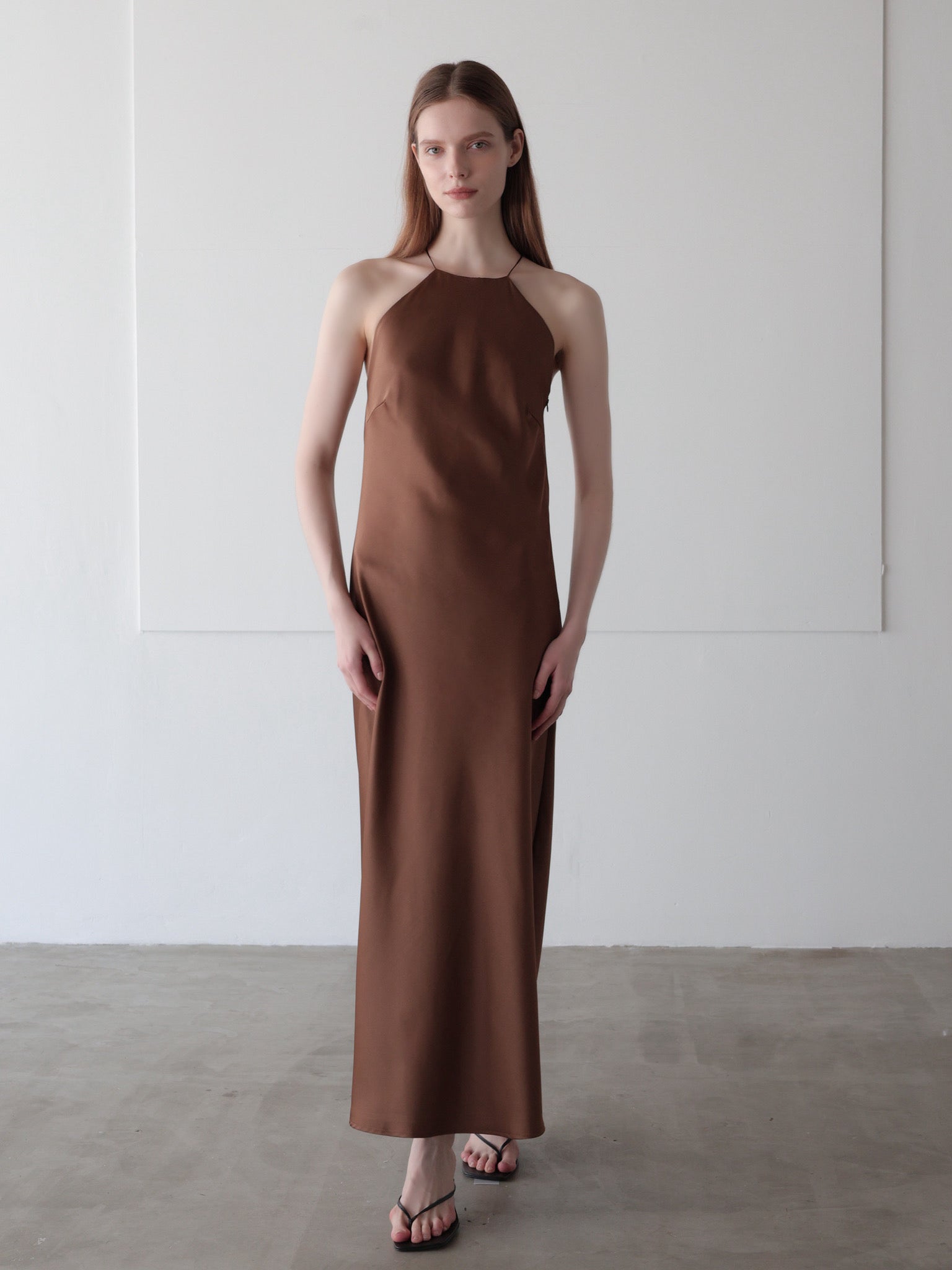 satin halter open back dress