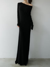 silky fitted off shoulder long dress