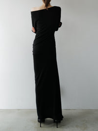 silky fitted off shoulder long dress