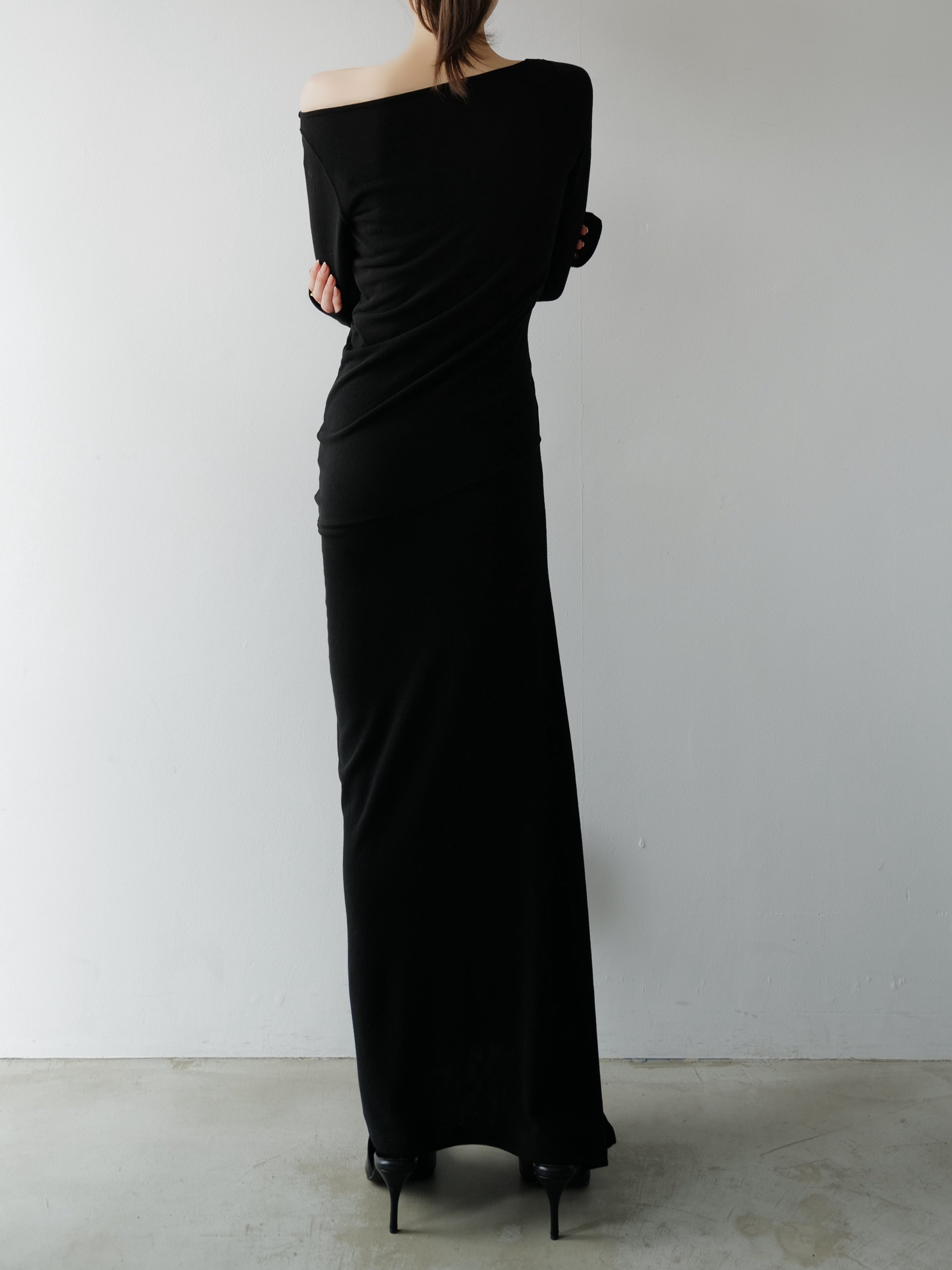 silky fitted off shoulder long dress