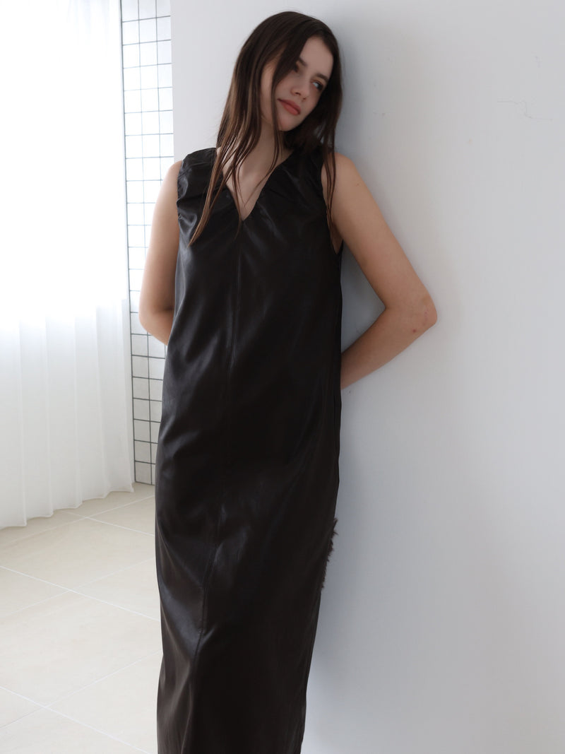 vegan leather v neck dress
