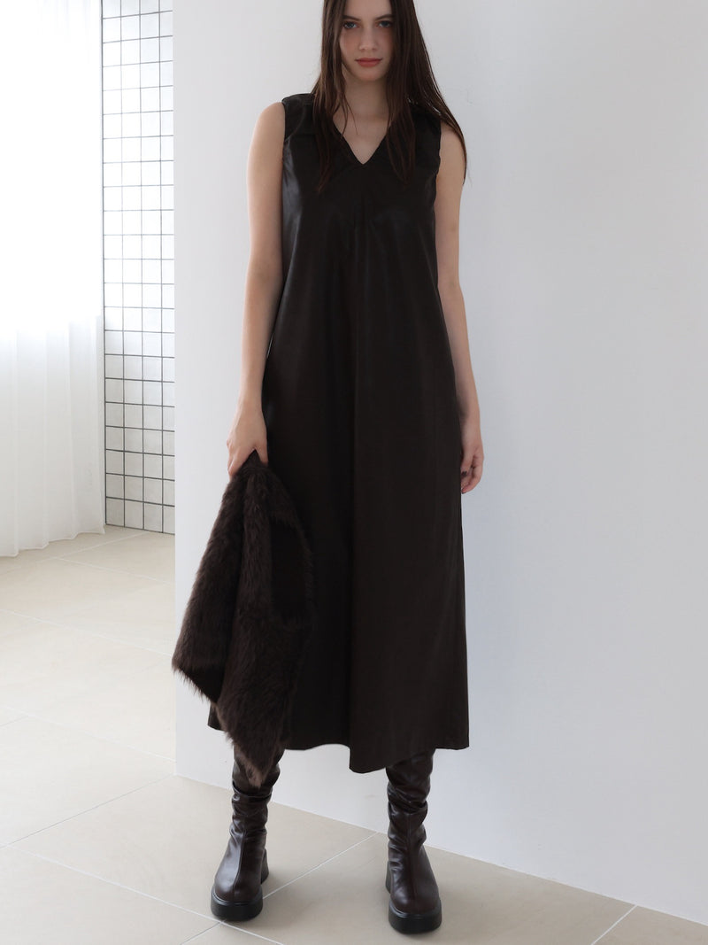vegan leather v neck dress