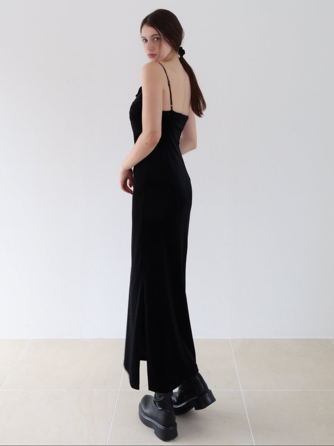 velour asymmetry drape cami dress