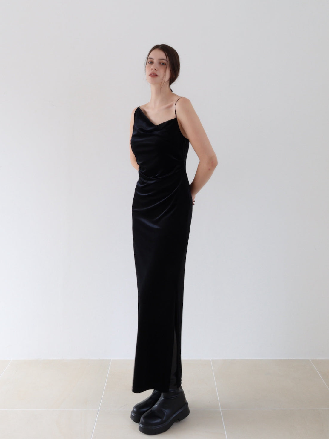 velour asymmetry drape cami dress – célon