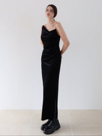 velour asymmetry drape cami dress