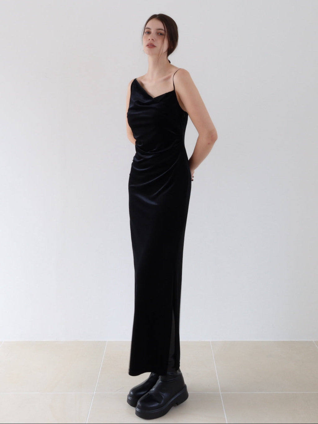 velour asymmetry drape cami dress