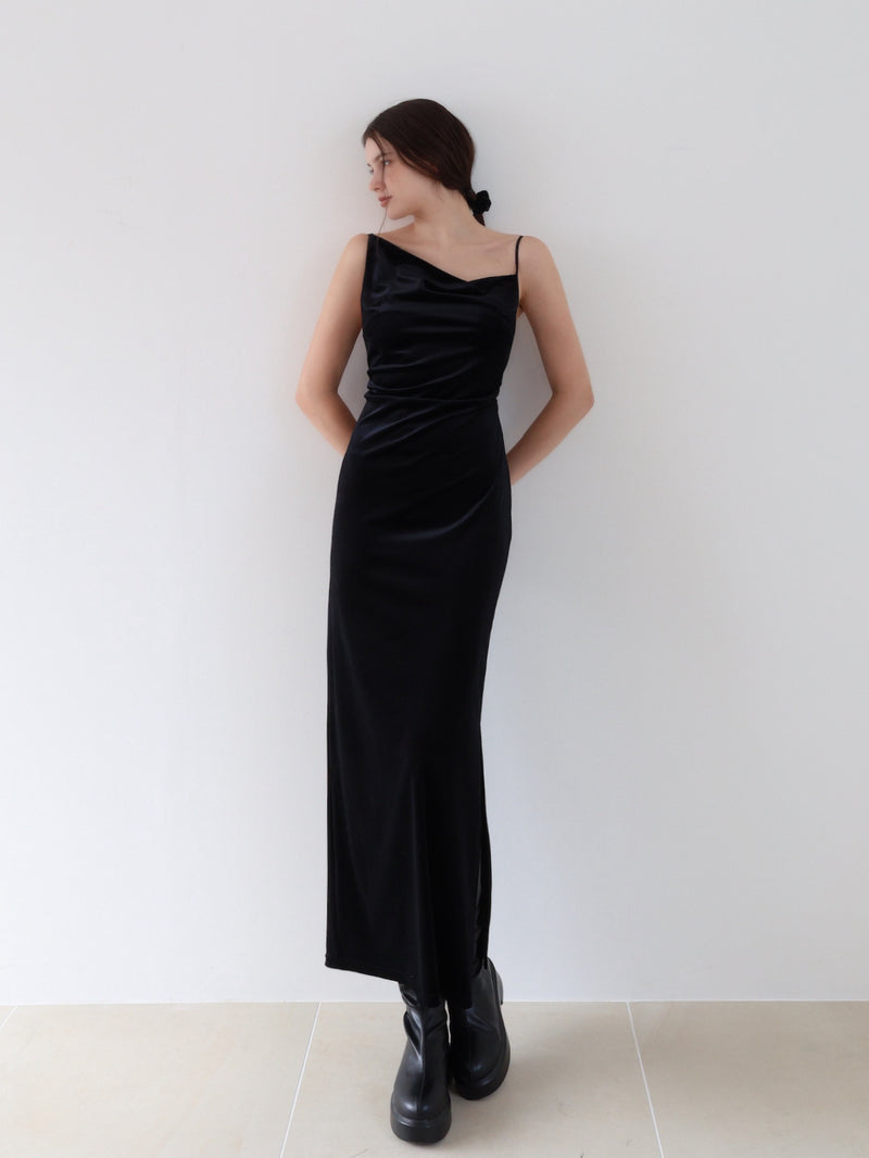 velour asymmetry drape cami dress