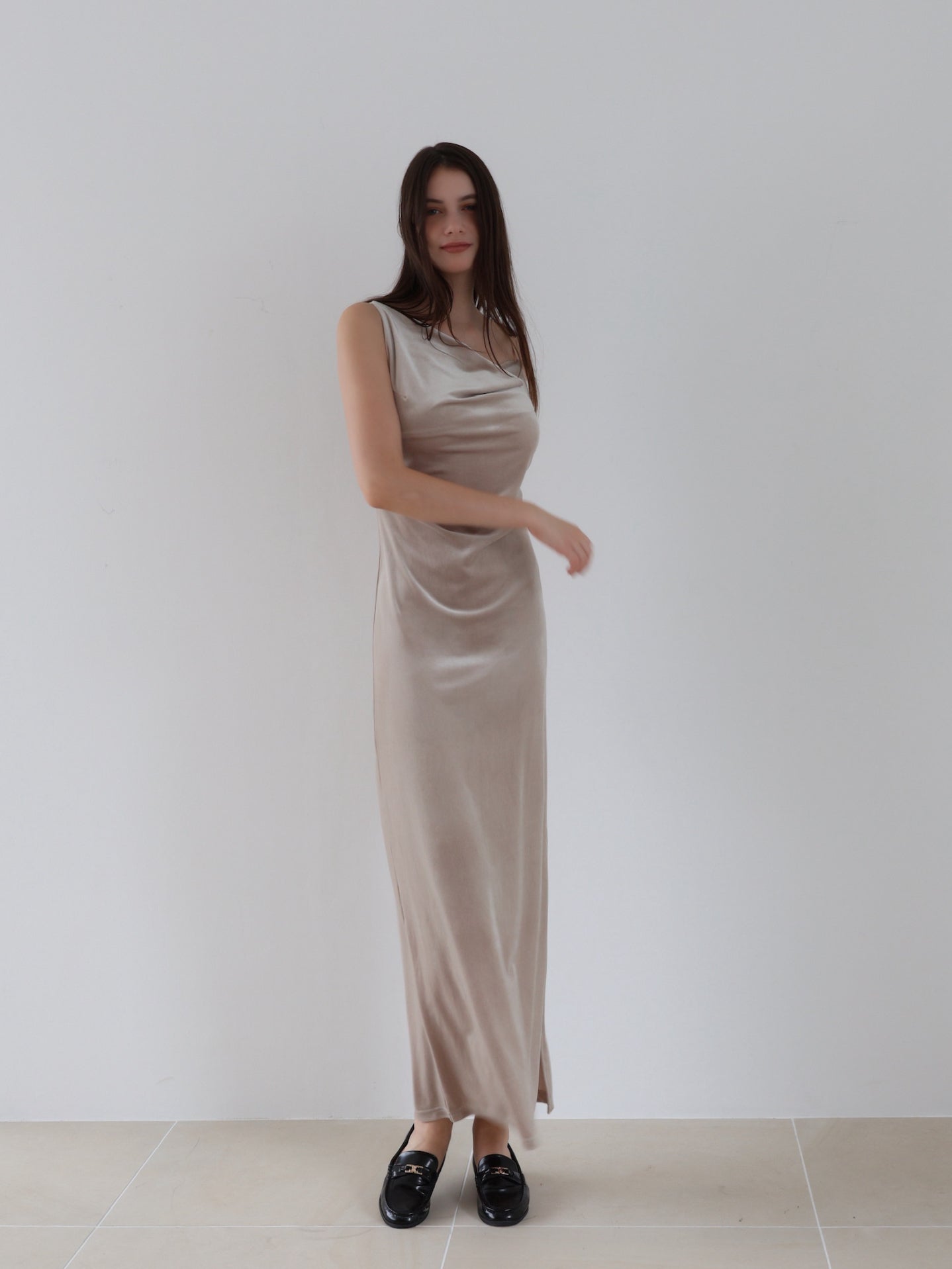 velour asymmetry drape cami dress – célon