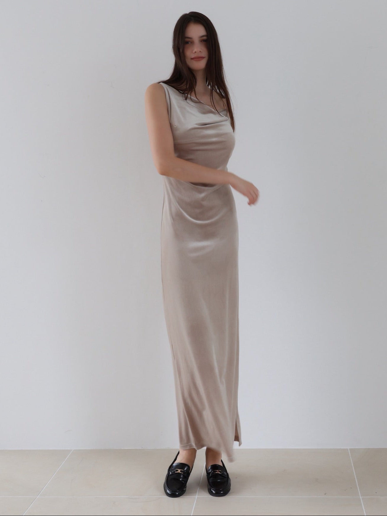 velour asymmetry drape cami dress