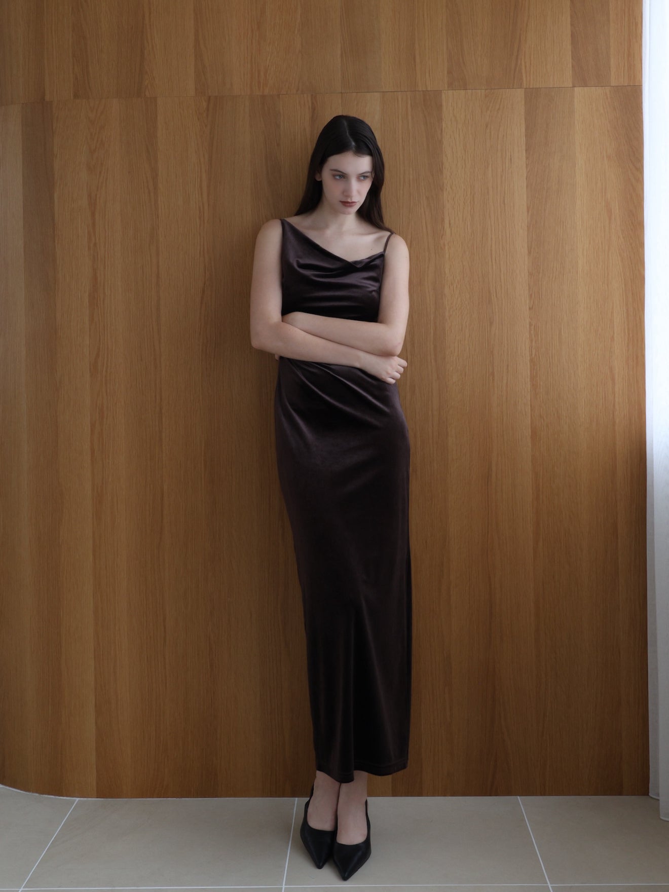 velour asymmetry drape cami dress – célon