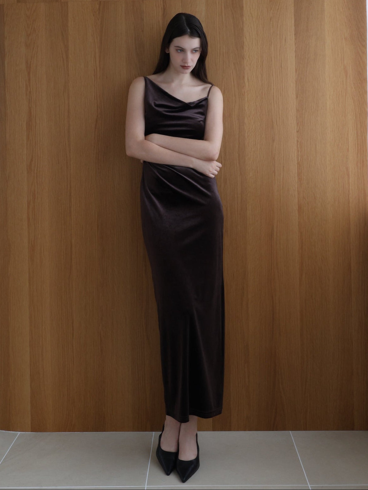 velour asymmetry drape cami dress