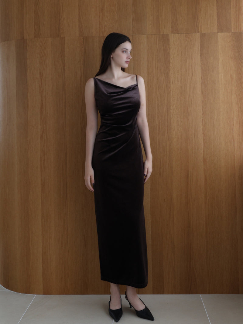 velour asymmetry drape cami dress