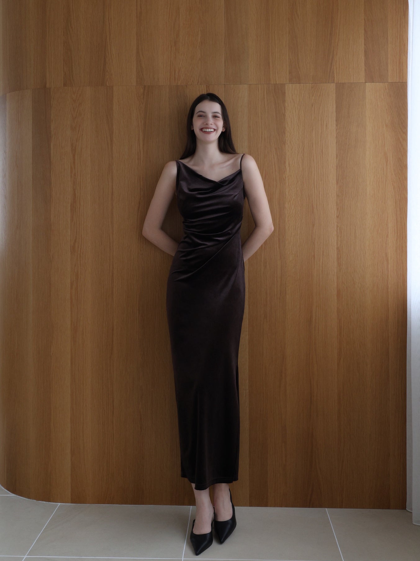 velour asymmetry drape cami dress – célon