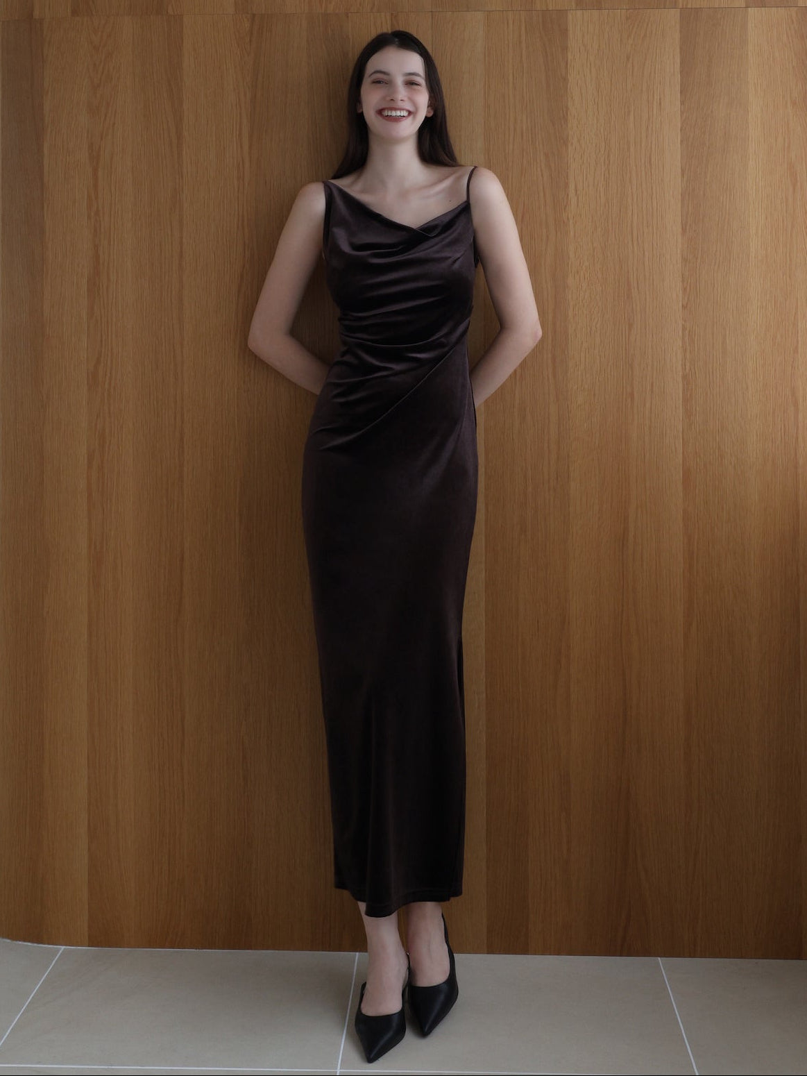 velour asymmetry drape cami dress