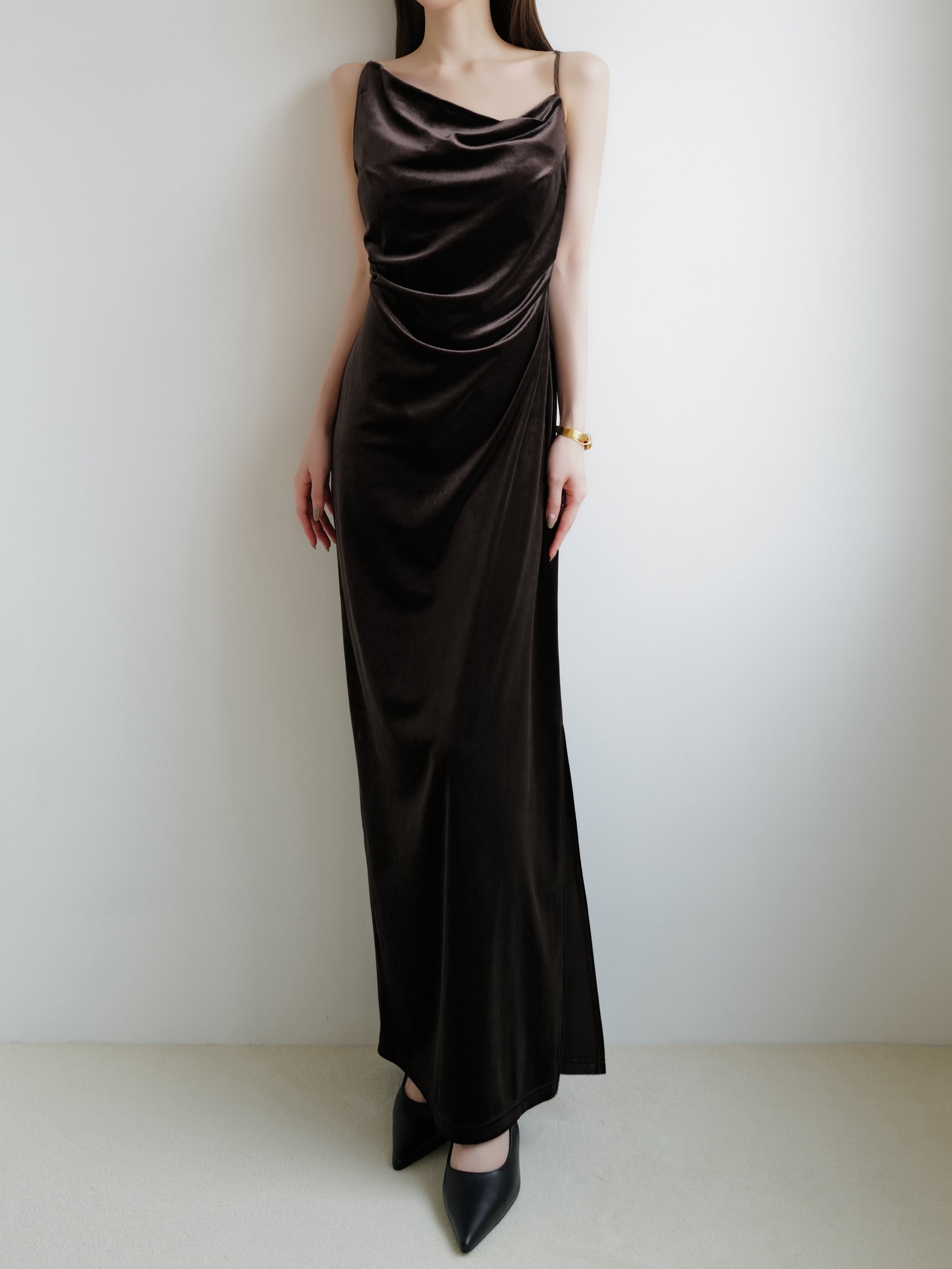 velour asymmetry drape cami dress