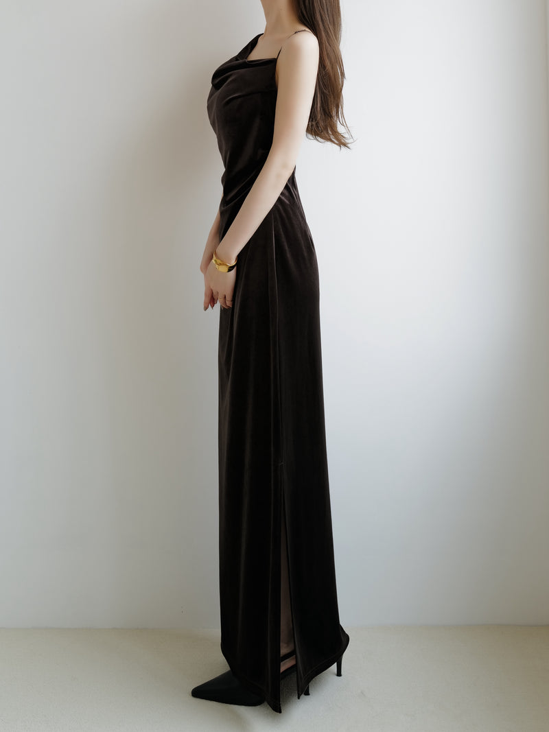 velour asymmetry drape cami dress