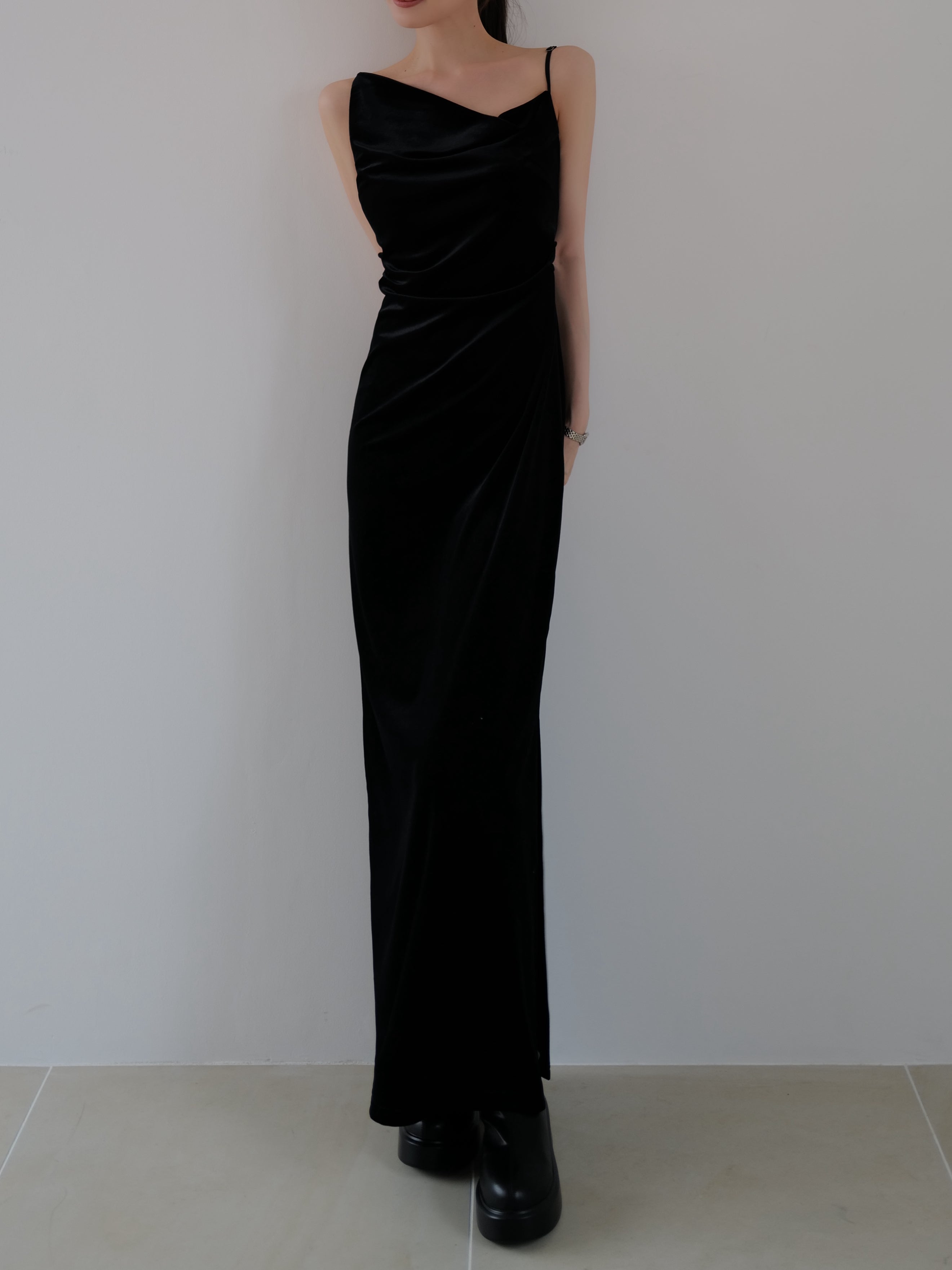 velour asymmetry drape cami dress – célon