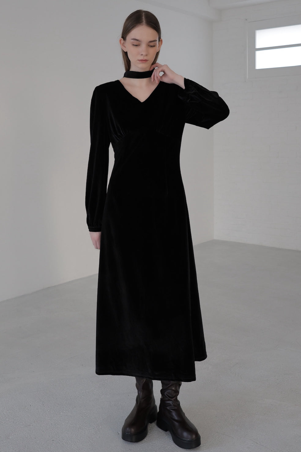 velour tie flare dress