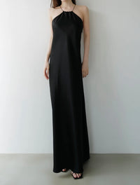 satin halter open back dress