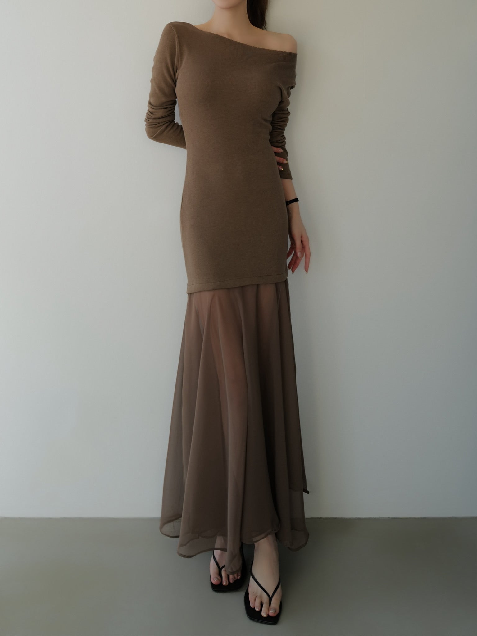 ワンピース maisn celon sheer nuance gathered dress sheer layered maxi dress – célon