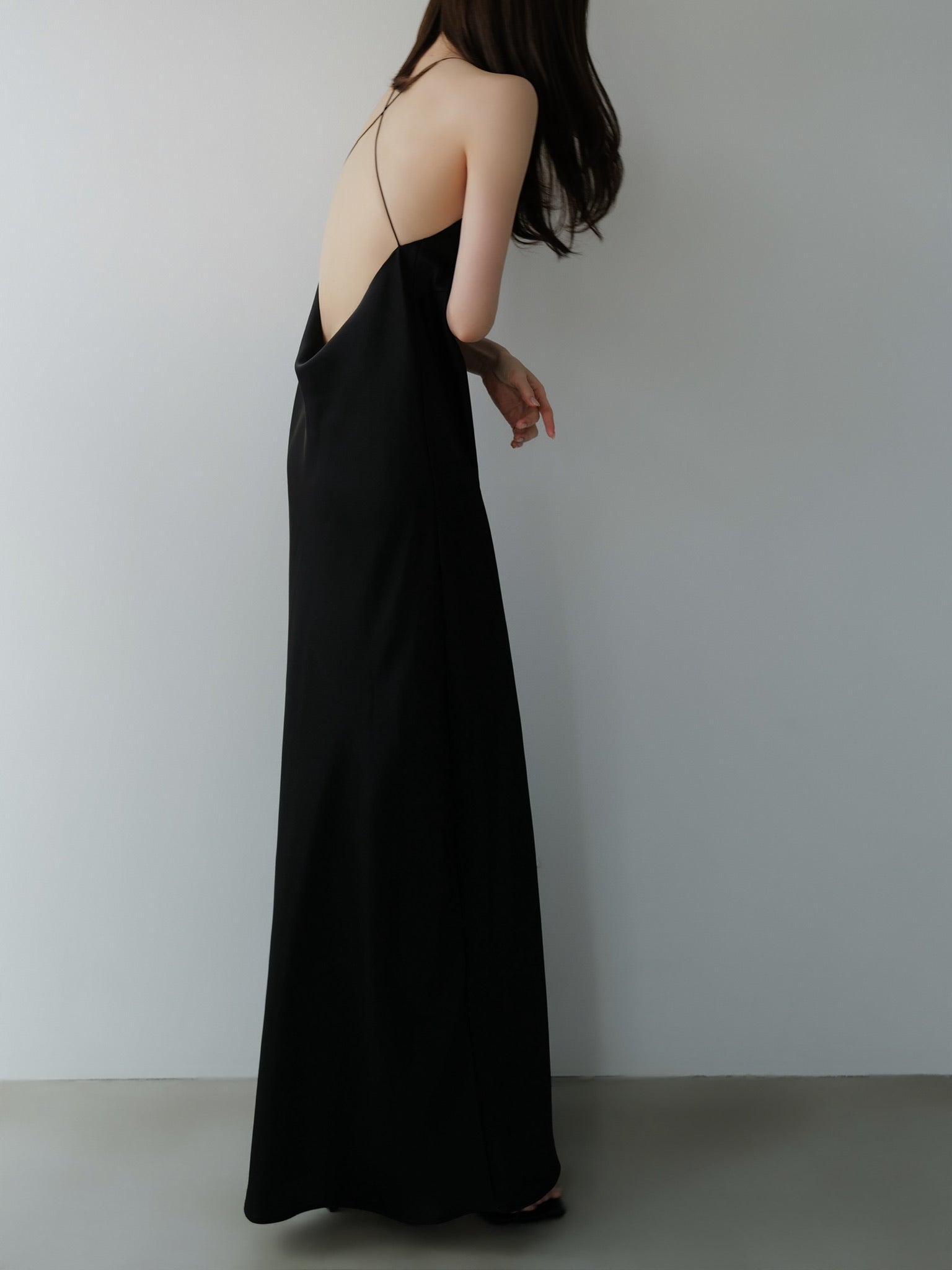 satin halter open back dress