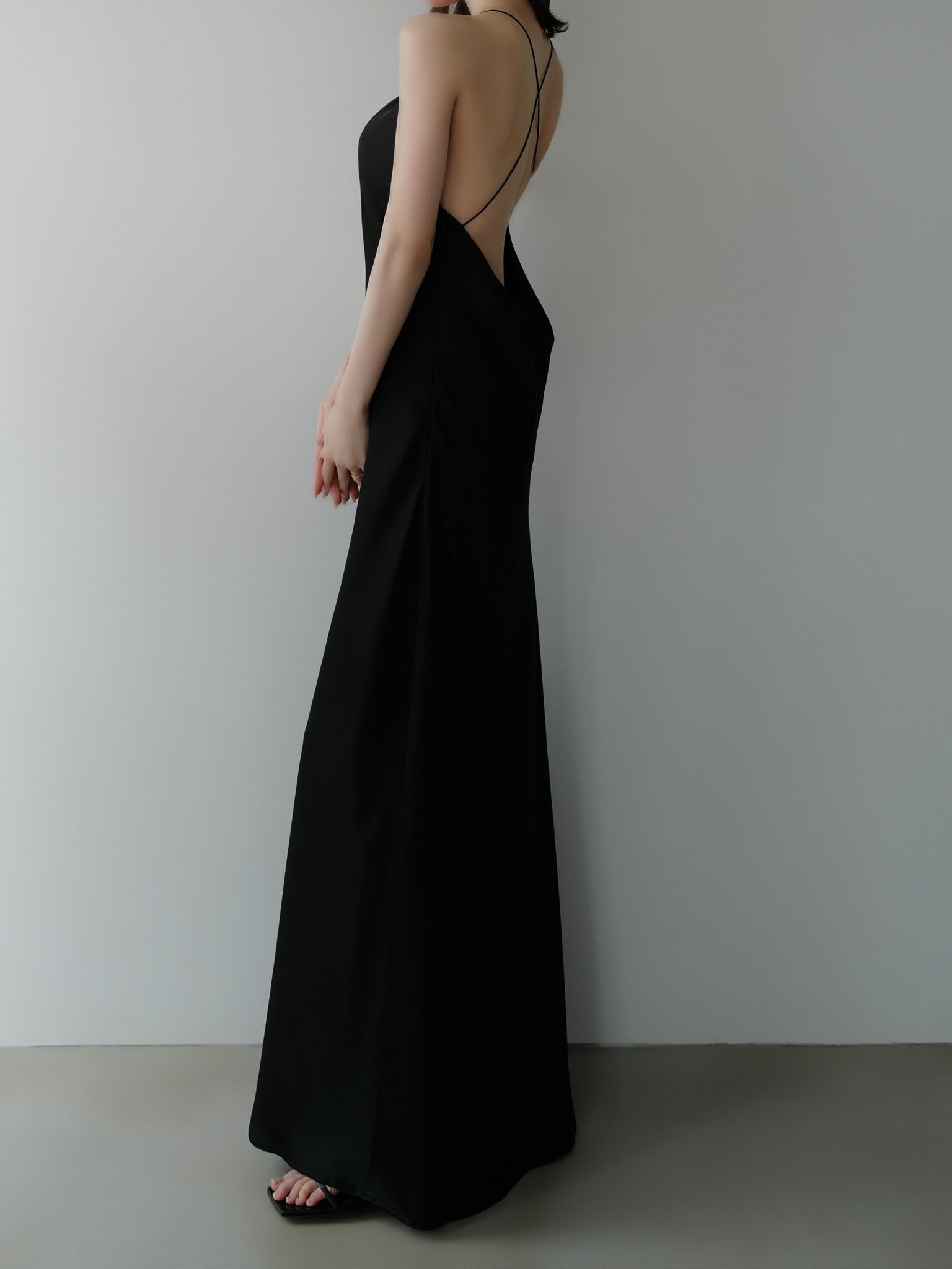 satin halter open back dress