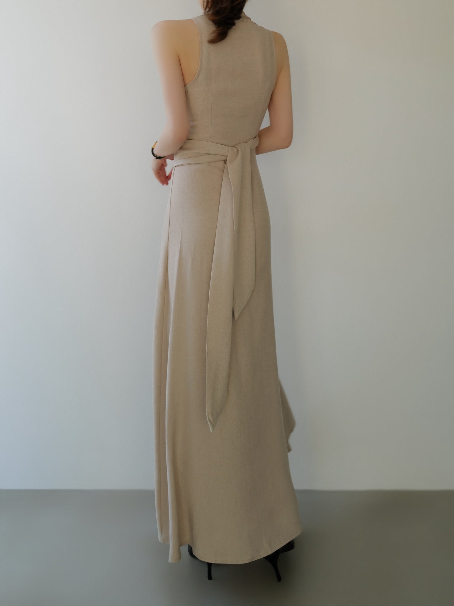 linen wrap sleeveless dress