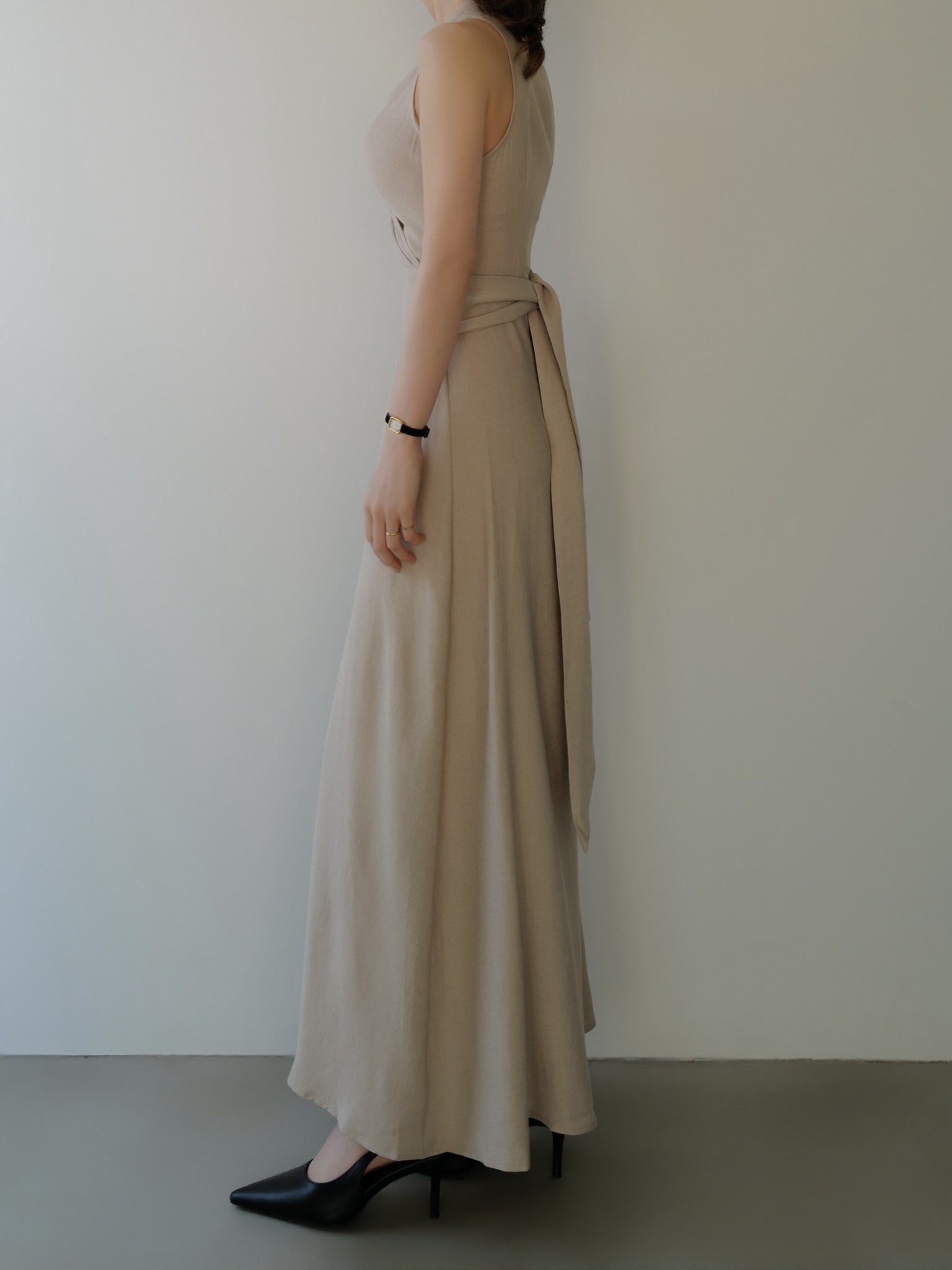 linen wrap sleeveless dress