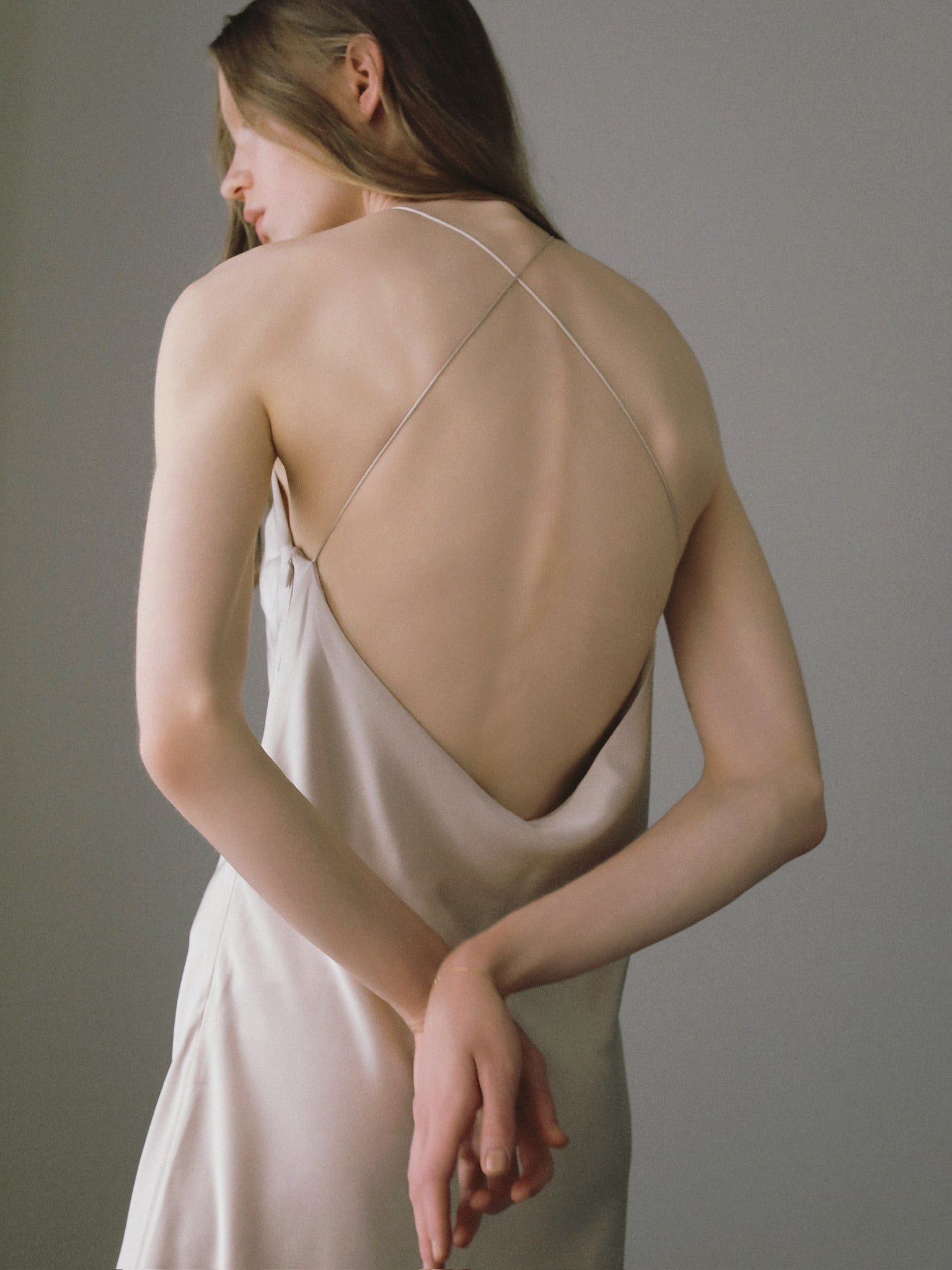 satin halter open back dress