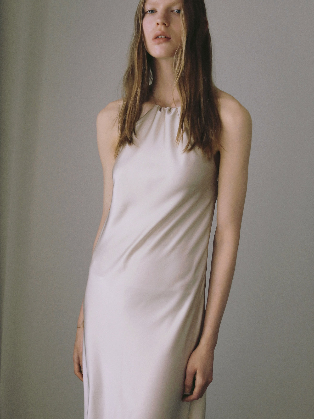 satin halter open back dress