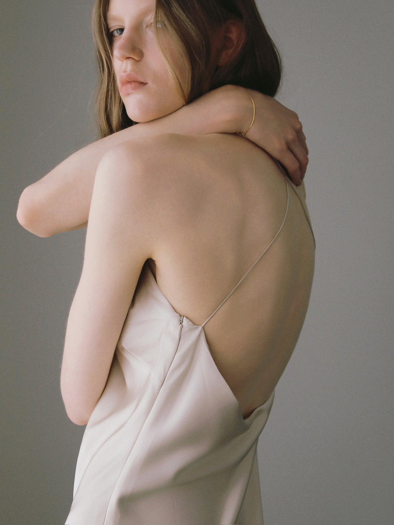 satin halter open back dress