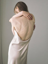 satin halter open back dress