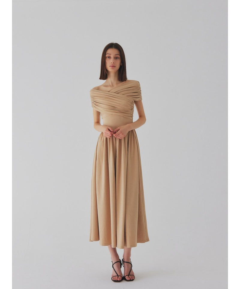 cross shoulder gather dress