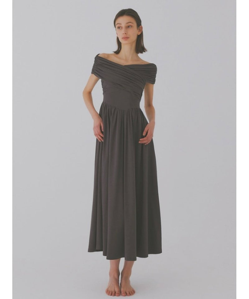 cross shoulder gather dress