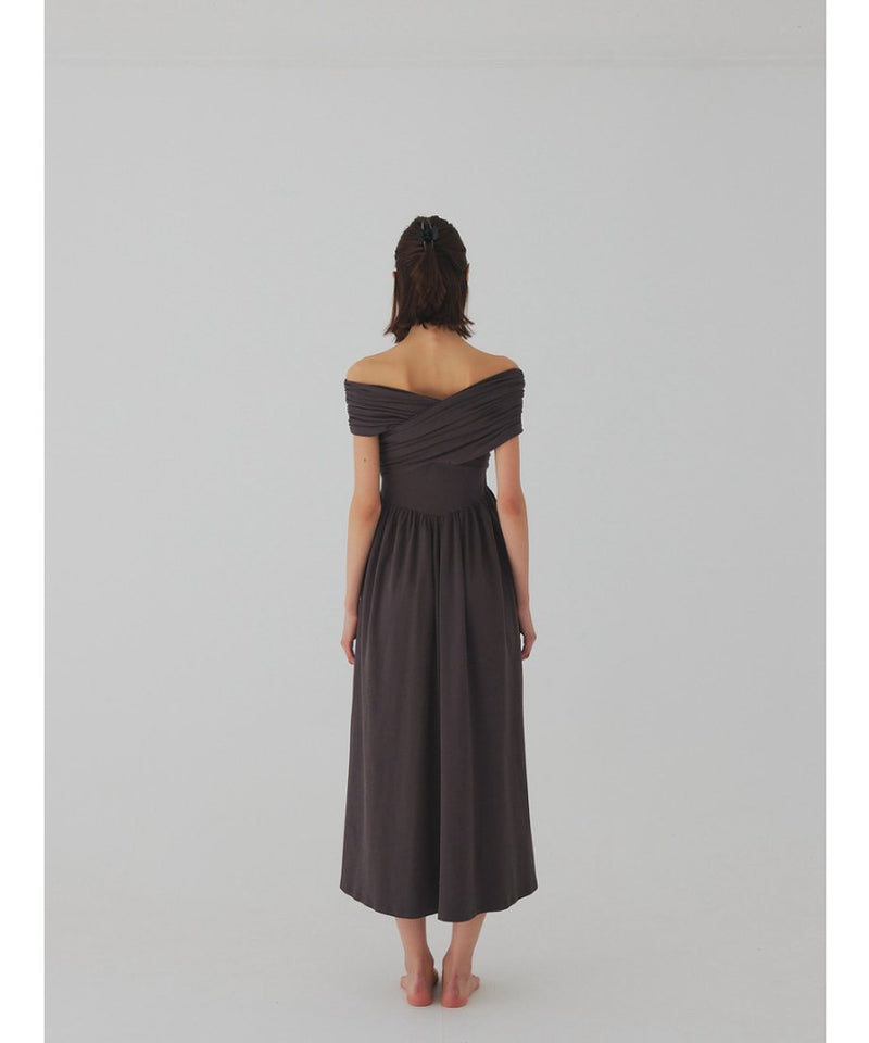 cross shoulder gather dress