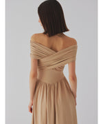 cross shoulder gather dress